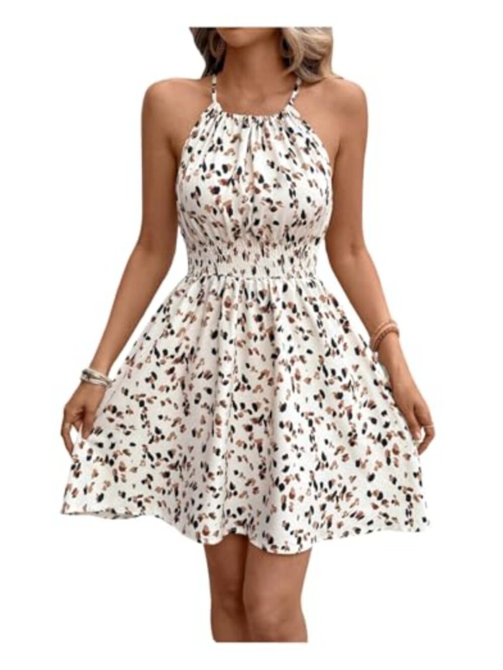 Cheetah Print Floral Mini Sundress Halter Neck Tie Back Smocked Fit Flare
